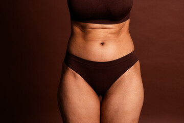 Cropped photo of plus size lady underwear lingerie enjoying self acceptance isolated brown color background