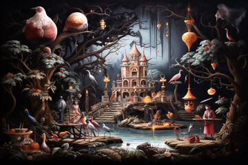 Fantasy world with surrealistic environment and castle surrounded with fairy-tail birds.