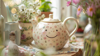 A charming vintage teapot with a smiling face, surrounded by delicate floral patterns.
