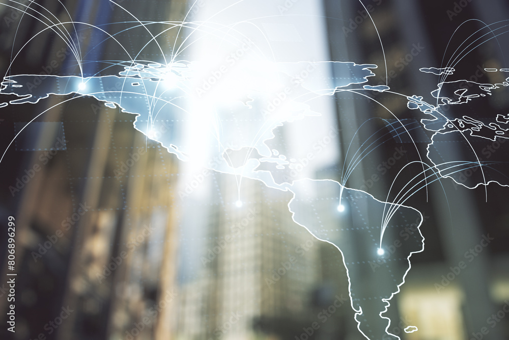 Poster double exposure of abstract digital world map hologram with connections on blurry cityscape backgrou