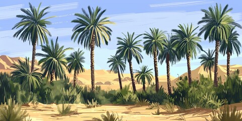 Fototapeta na wymiar Desert oasis scene with lush palm trees offering respite