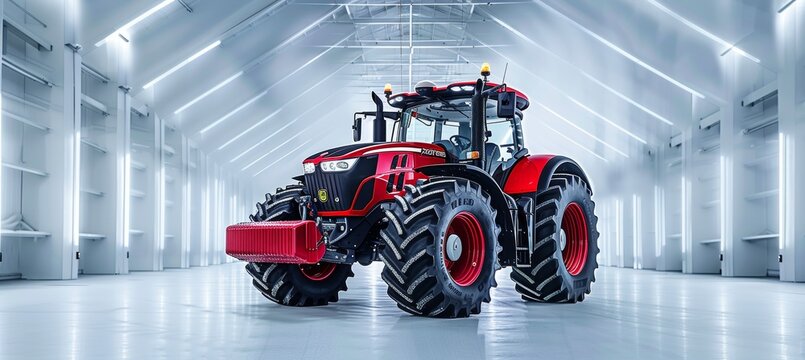 Fototapeta Vibrant red tractor in contemporary warehouse with exceptional lighting, showcasing striking details