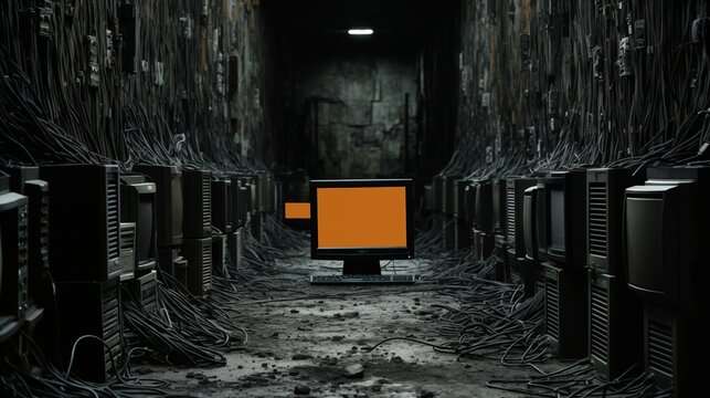 AI generated illustration of an aged, room with numerous cables and a vintage computer screen