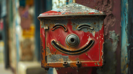A charming vintage postbox with a cheerful face, eagerly awaiting letters and postcards.