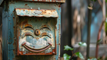 A charming vintage postbox with a cheerful face, eagerly awaiting letters and postcards.