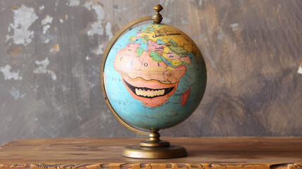 A charming vintage globe with a cheerful face, ready to take you on a whimsical journey.
