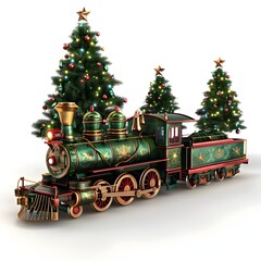 Vintage toy train circling a Christmas tree
