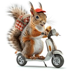 A squirrel riding a scooter with a bag attached.
