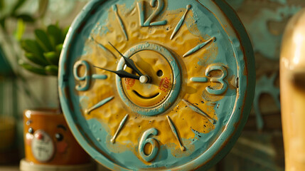 A charming vintage clock with a cheerful face, ticking away the moments with whimsical charm.