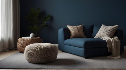 Two knitted poufs near dark blue corner sofa. Scandinavian home.generative.ai