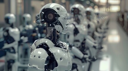 Fototapeta premium Automated AI industry robot and robotic arms assembly in factory production. Concept of artificial intelligence for industrial revolution and automation manufacturing process.