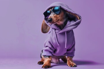 funny Dachshund dog profile in hoodie and sunglasses on lilac purple background copy space left