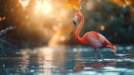 Flamingo Stand in The Water With Beautiful background Nature 4K Wallpaper.