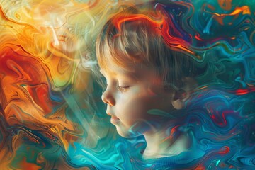little boy with synesthesia creative poster. Mental health inclusion and awareness. autism spectrum. 