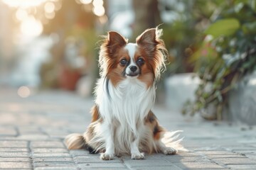 papillon dog purebred outside in green park