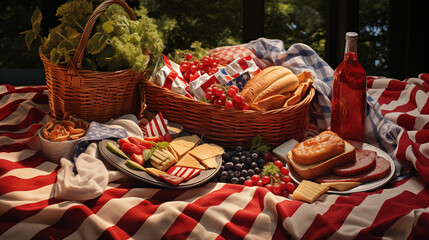 Fototapeta premium Patriotic Picnic Setup with Red Wine and Cheese