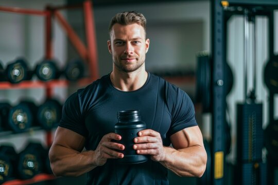 diverse sporty fit muscly guy in the gym holding black jar of protein food supplement