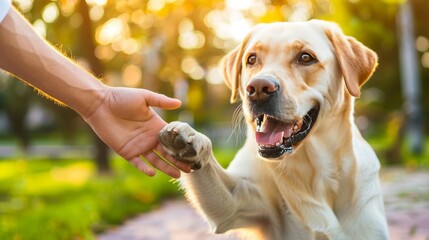 Heartwarming moment  labrador dog offers paw to man in close up, symbolizing loyalty and trust