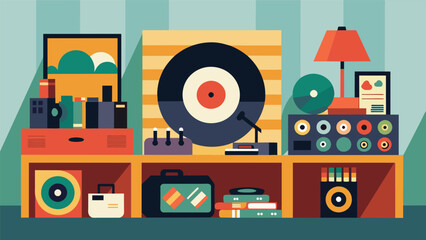 A section of the estate sale featuring vinyl records of all genres set up on a turntable for customers to listen to and discover new favorite artists.. Vector illustration