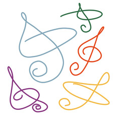 Colorful treble clef, art lines, drawing illustration