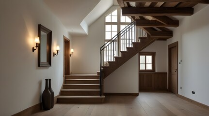 White plaster staircase and timber beams ceiling in farmhouse hallway.generative.ai