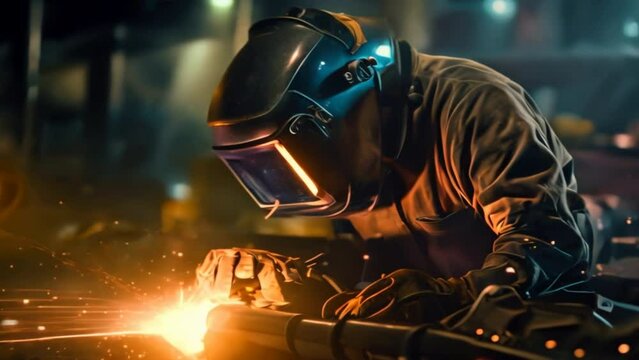 SLO MO Skilled welder uses welding torch to join metals together