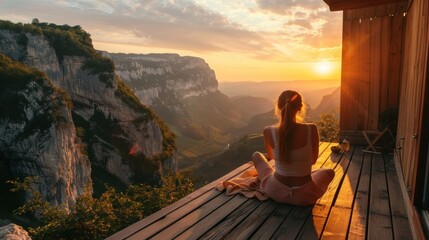 The back of a woman sitting on wooden porch extending into a high mountain cliff. The sun is setting on the mountain and there is a beautiful warm orange light. The traveling background. - Powered by Adobe