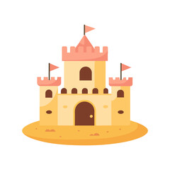 Sand castle with towers and fortress wall in flat style on a white background. Fairytale castle icon. Illustration of building construction on sand. Vector