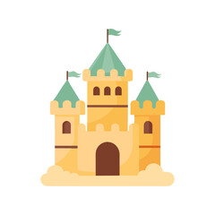 Sand castle with towers and fortress wall in flat style on a white background. Fairytale castle icon. Illustration of building construction on sand. Vector