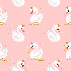 Seamless pattern, little swan princess with a golden crown on a pastel background. Cute background for decorating a nursery bedroom. Vector