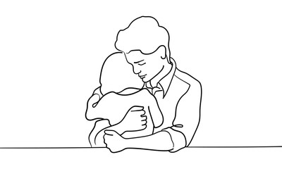 Man hugs daughter continuous line art drawing isolated on white background. Sadness, support, sympathy. Vector illustration