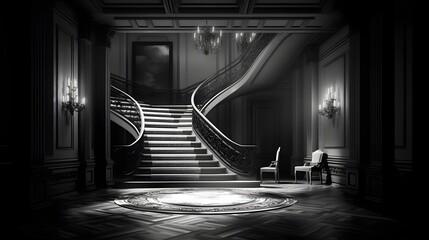 Black and white interior of an old mansion. 3D rendering.