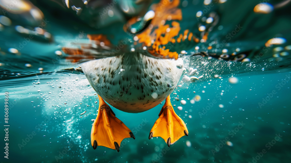 Sticker close-up underwater image of a duck diving with its head submerged and feet visible above water.