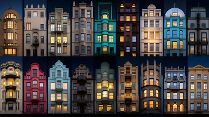 Panoramic cityscape of old european houses at night