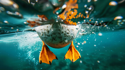 Close-up underwater image of a duck diving with its head submerged and feet visible above water.