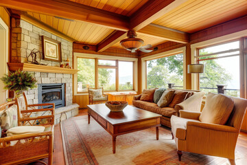 Cozy home interior with natural wood furniture