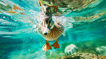 A vivid close-up shot of a duck breaking through the clear turquoise water surface.