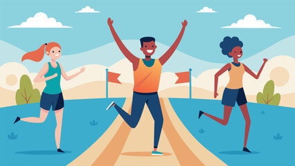 Obraz premium Despite the challenging course and grueling distance the runners pushed through with grit and determination finally crossing the marathon finish line. Vector illustration