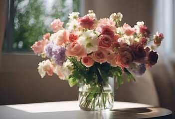 a clear vase filled with lots of pink and white flowers