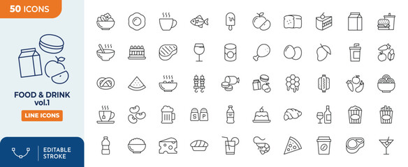 food and drink line editable icon set. contains icons related to various foods and drinks. Editable stroke. Vector illustration	