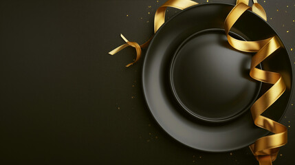 Elegant black dinner plate wrapped with a golden ribbon on a dark textured background, adorned with gold specks.