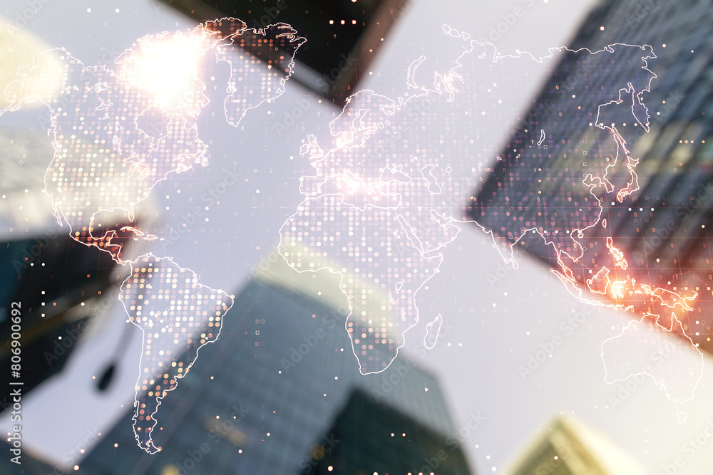 Poster abstract creative digital world map on modern architecture background, globalization concept. multie