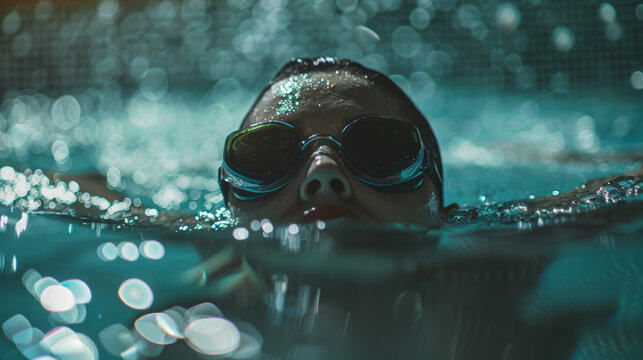 Swimmer's intense gaze breaks the surface tension in a shimmering pool.