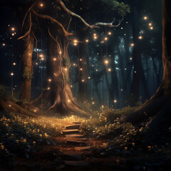 Night forest with fireflies landscape