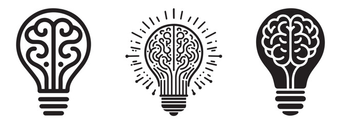 A stylized light bulb with a human brain, ideas, a thought process. A set of vector logos for psychology, scientific, medical research