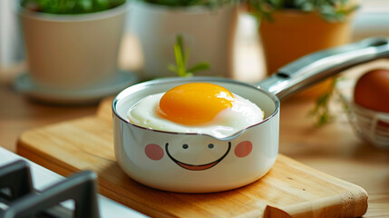 A charming egg poacher with a happy face, gently poaching eggs to a perfect runny yolk consistency.