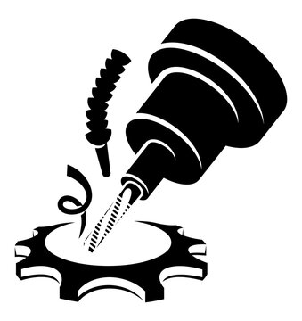 Machining, CNC milling machine makes a gear. Metalworking, coolant and lubrication in gear metalwork industry, illustration