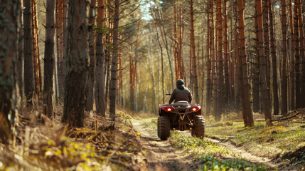 A lone ATV rider drives through a sun-dappled forest path.