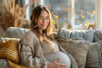 Young Pregnant woman holding belly. ai generated