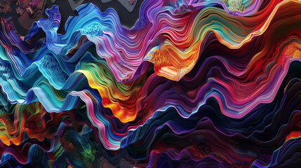 An intricate abstract 3D wavy scene adorned with elaborate multicolor oil painting patterns blending seamlessly into a dark canvas
